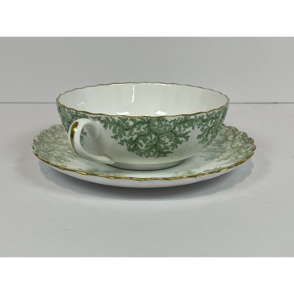 Spode Green Coral Cream Soup Bowl & Saucer Set Gold Trim EUC Rare Vintage - Picture 3 of 12